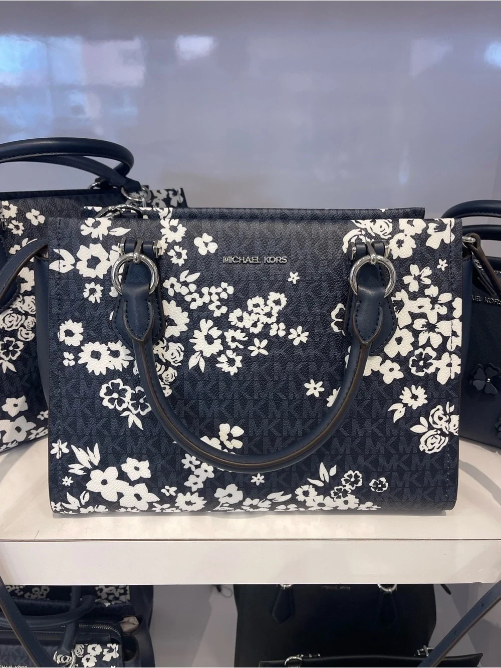 MICHAEL KORS Marilyn Md PrintedSignature Logo Satchel Crossbody  Admiral  NWT